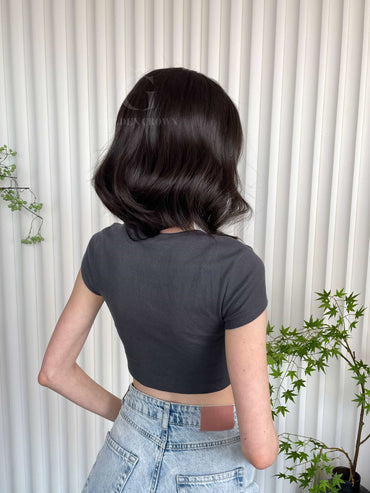 Corinne Lace Top Base 100% Human Hair Wigs Model Back View GoldenCrownWigs.com