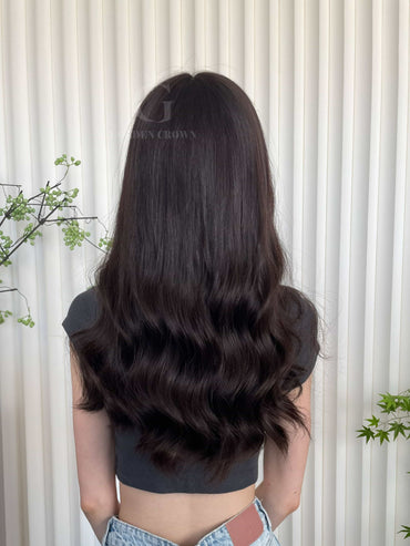 Elara Lace Top Base 100% Human Hair Wigs Model Back View GoldenCrownWigs.com