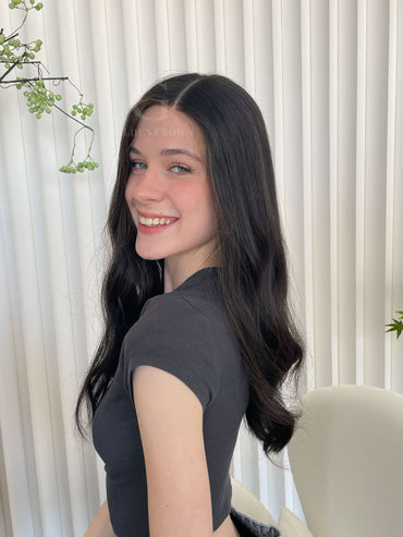 Seraphina Lace Top Base 100% Human Hair Wigs Model Right Side View GoldenCrownWigs.com