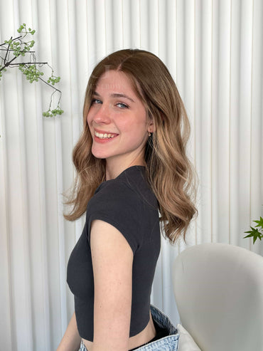 Clara Lace Top Base 100% Human Hair Wigs Model Right View GoldenCrownWigs.com