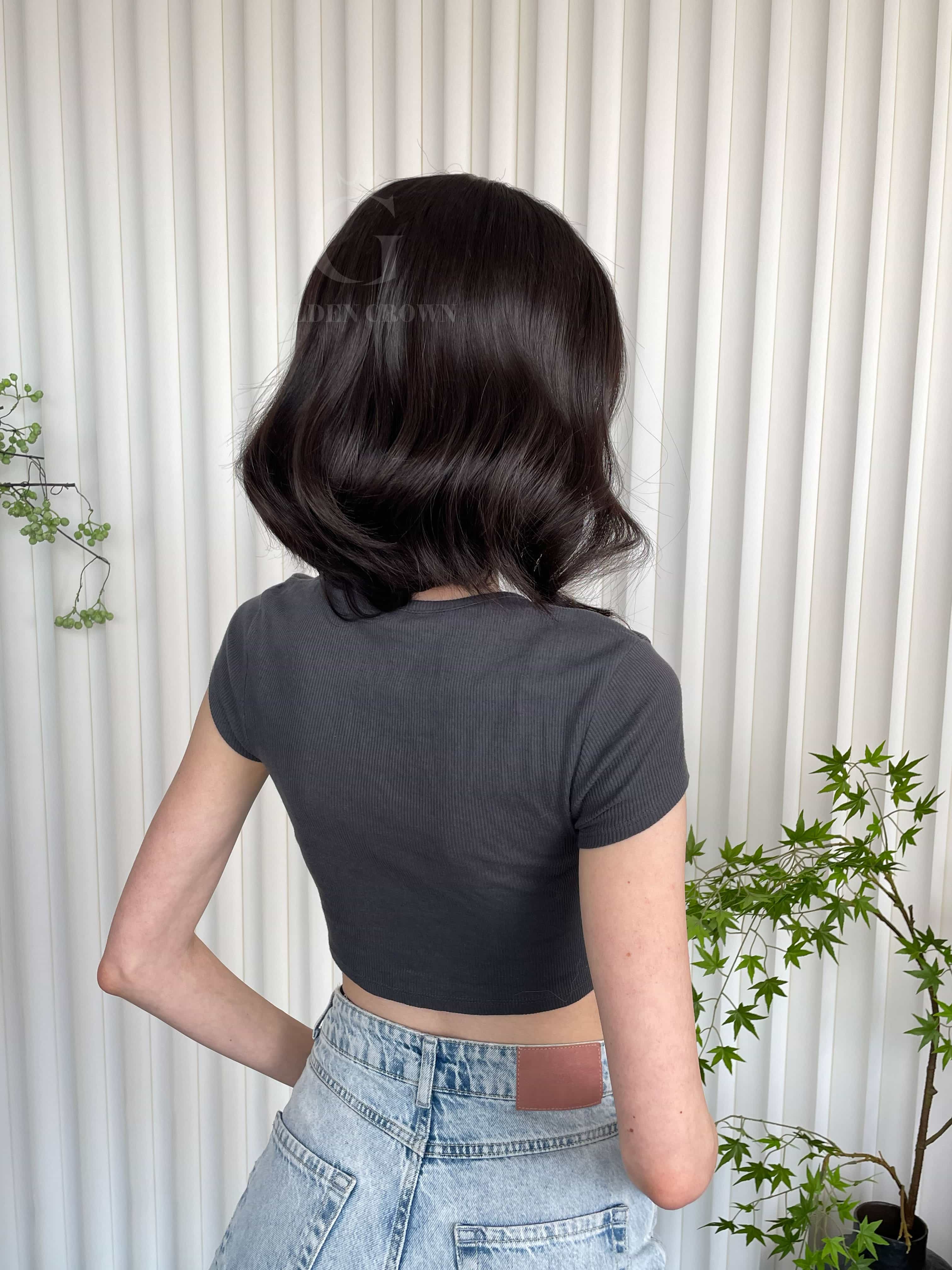 Corinne Lace Top Base 100% Human Hair Wigs Model Back View GoldenCrownWigs.com