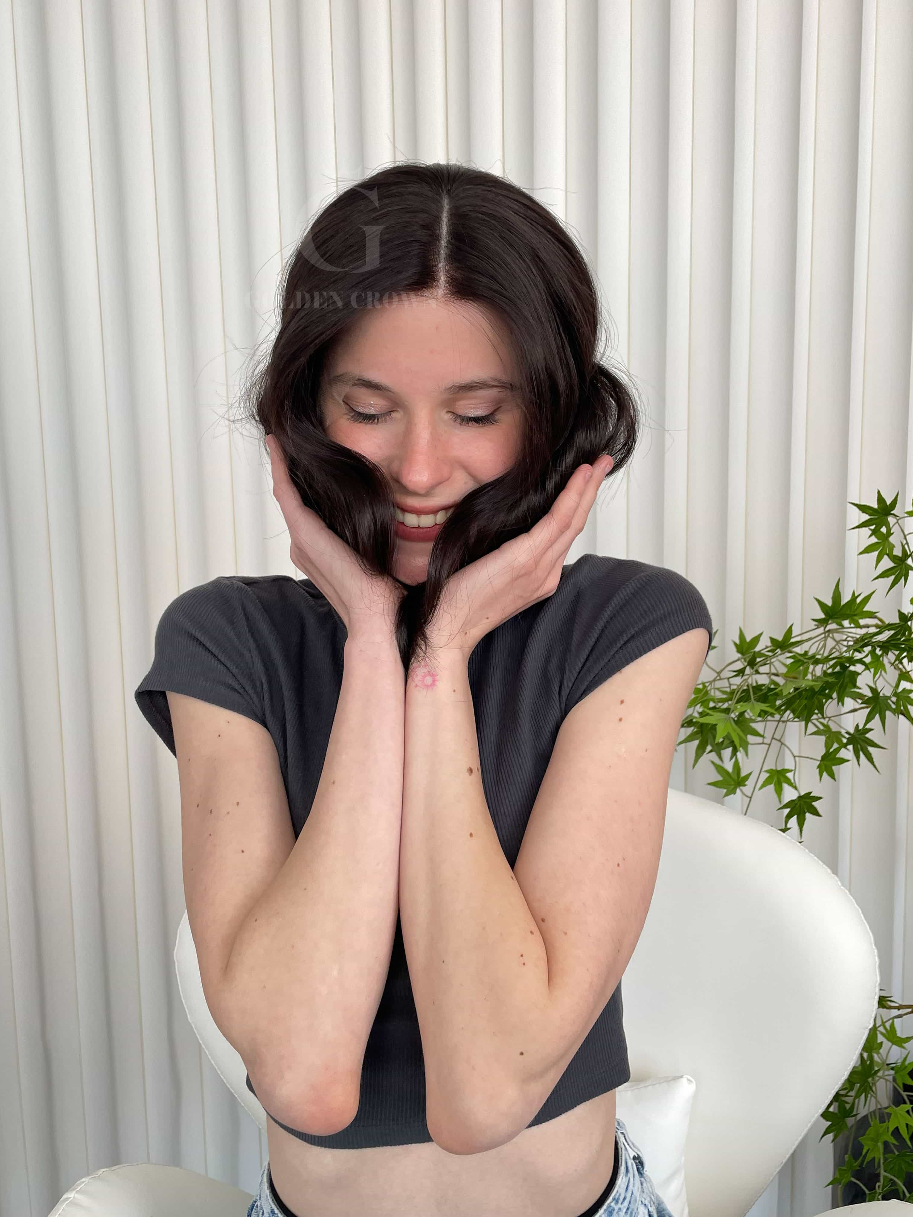 Corinne Lace Top Base 100% Human Hair Wigs Model Front View GoldenCrownWigs.com