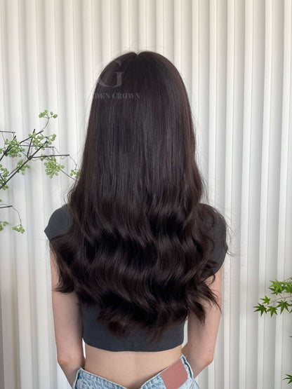 Elara Lace Top Base 100% Human Hair Wigs Model Back View GoldenCrownWigs.com