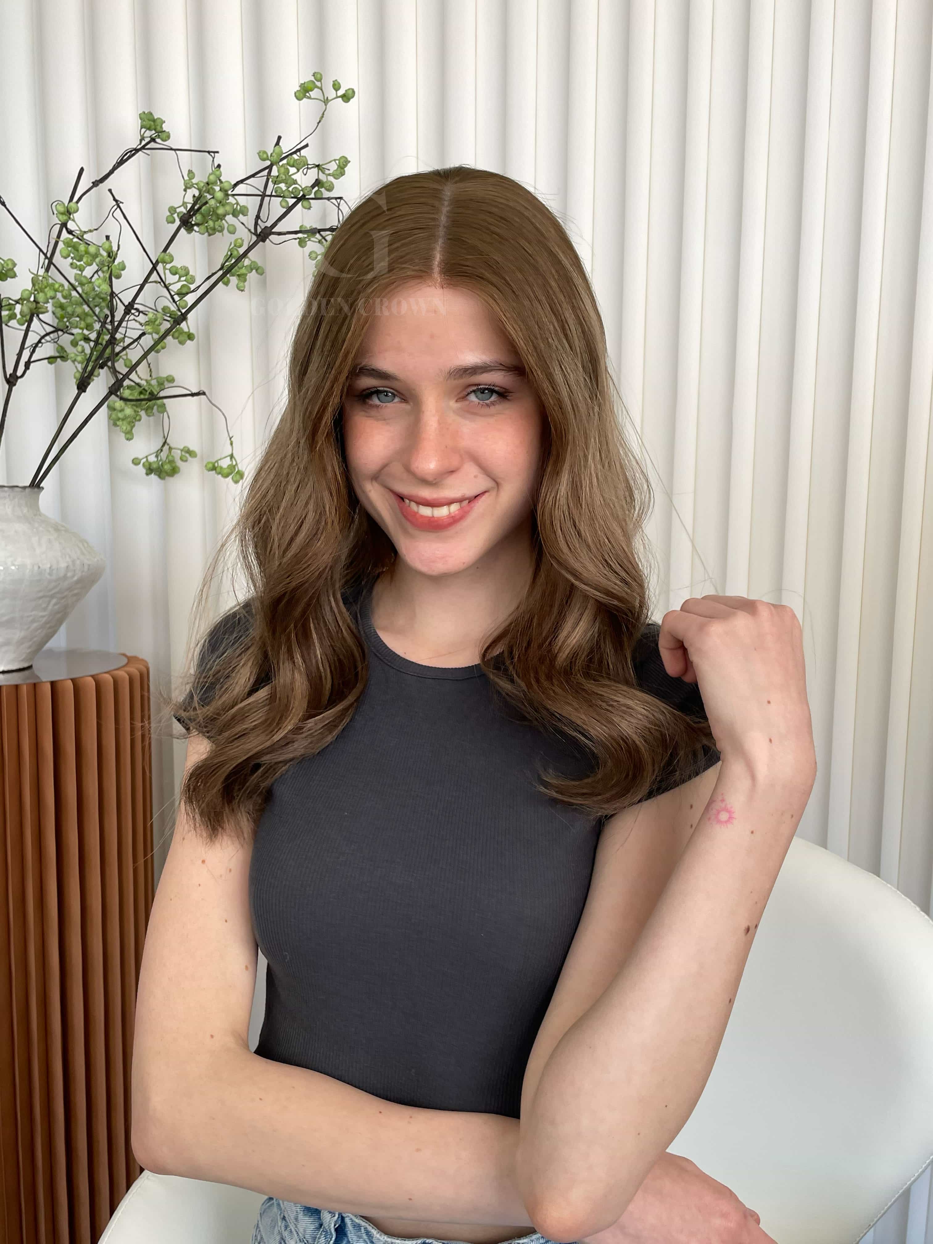 Eva Lace Top Base 100% Human Hair Wigs Model Front View GoldenCrownWigs.com