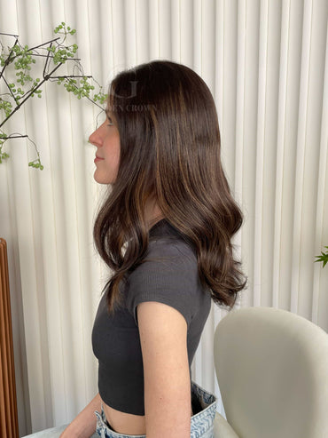 Freya Lace Top Base 100% Human Hair Wigs Model Right Side View GoldenCrownWigs.com