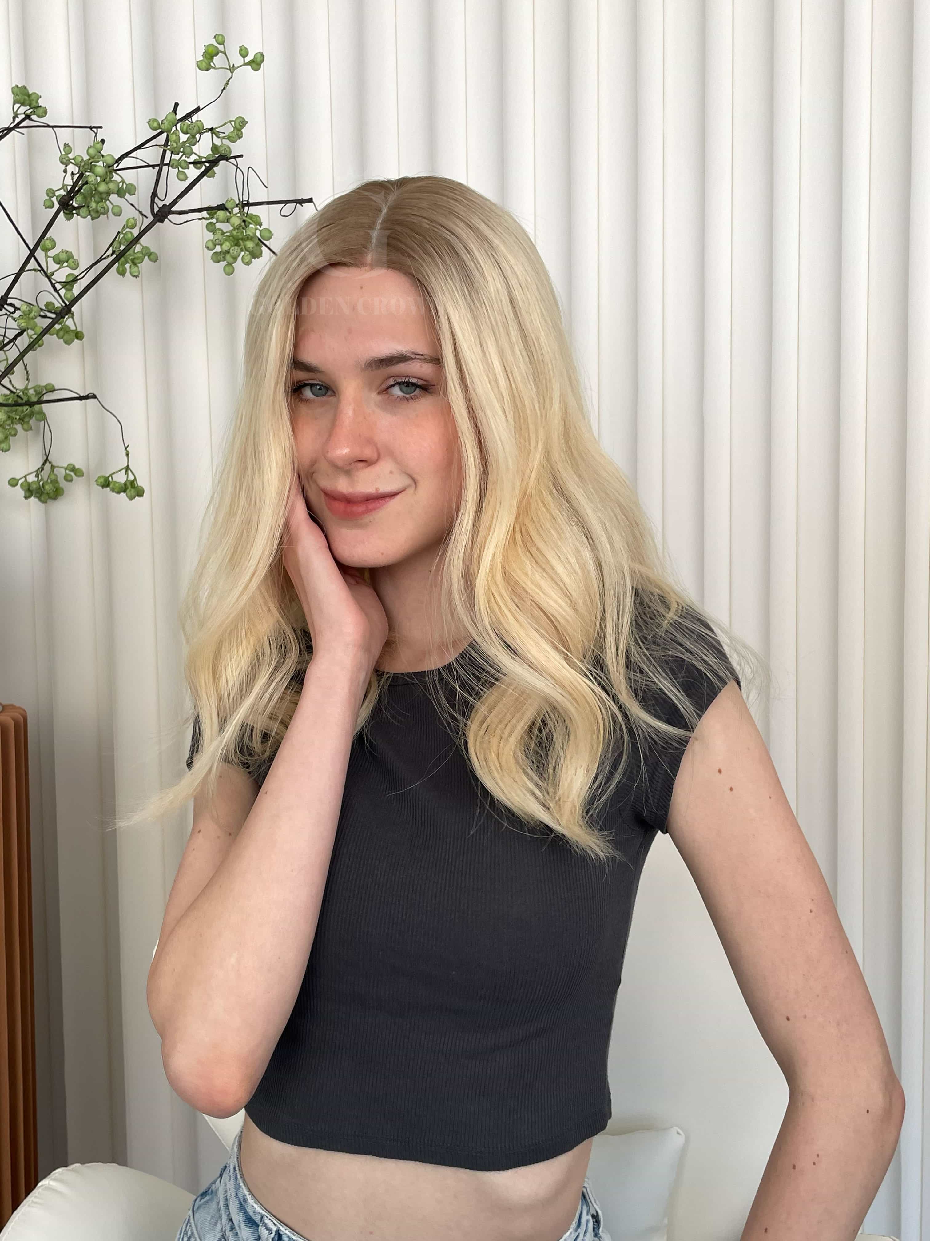 Grace Lace Top Base 100% Human Hair Wigs Model Front View GoldenCrownWigs.com