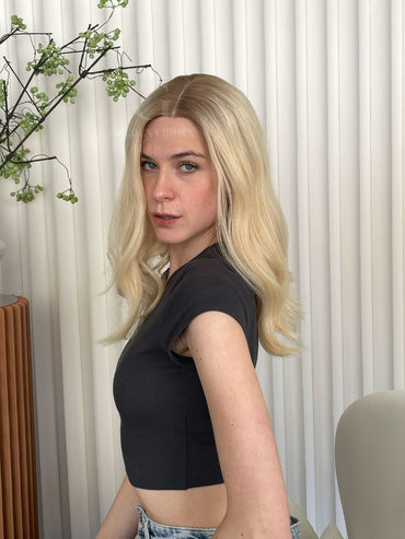 Grace Lace Top Base 100% Human Hair Wigs Model Side View GoldenCrownWigs.com