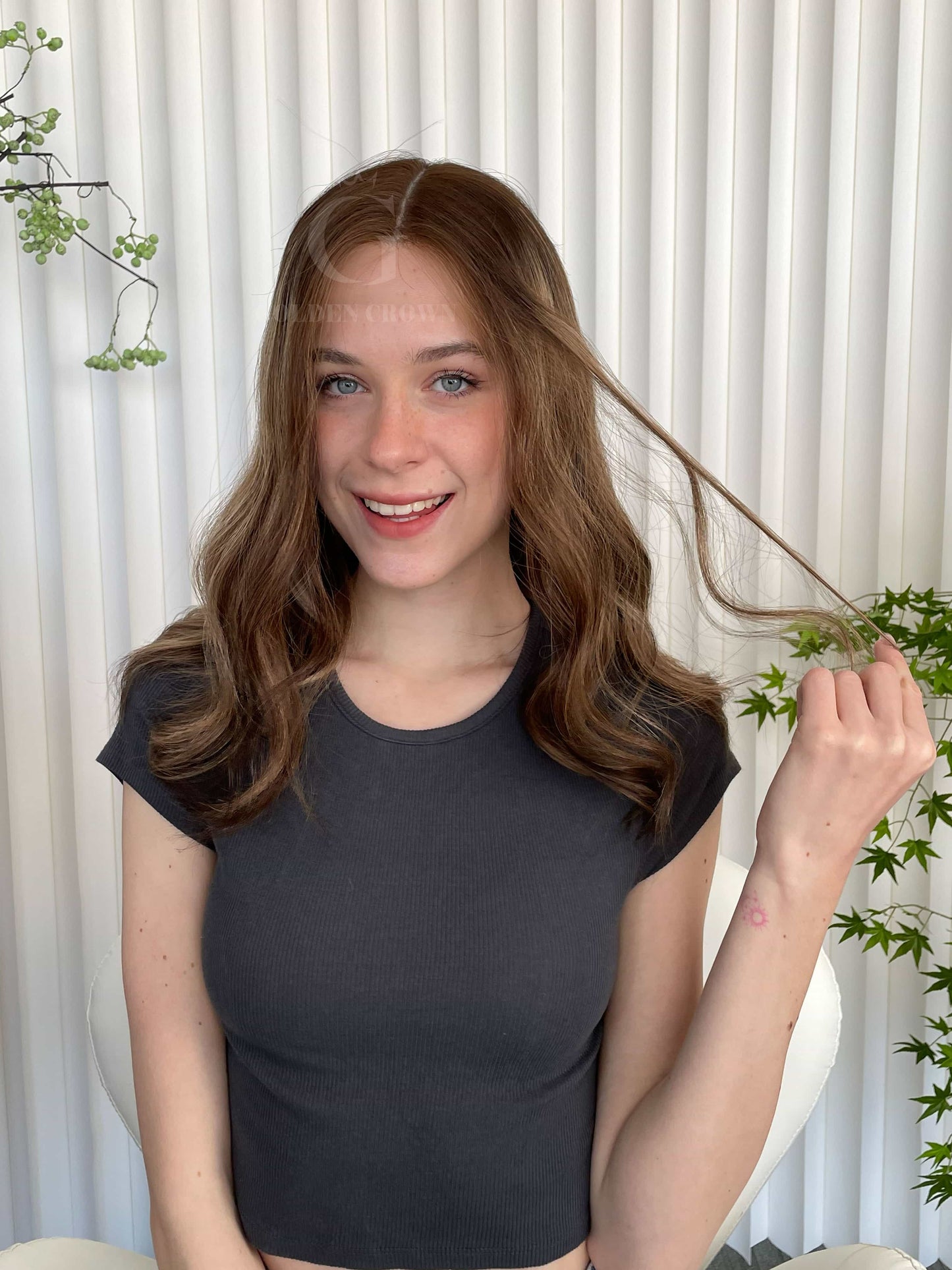 Leah Lace Top Base 100% Human Hair Wigs Model Front View GoldenCrownWigs.com