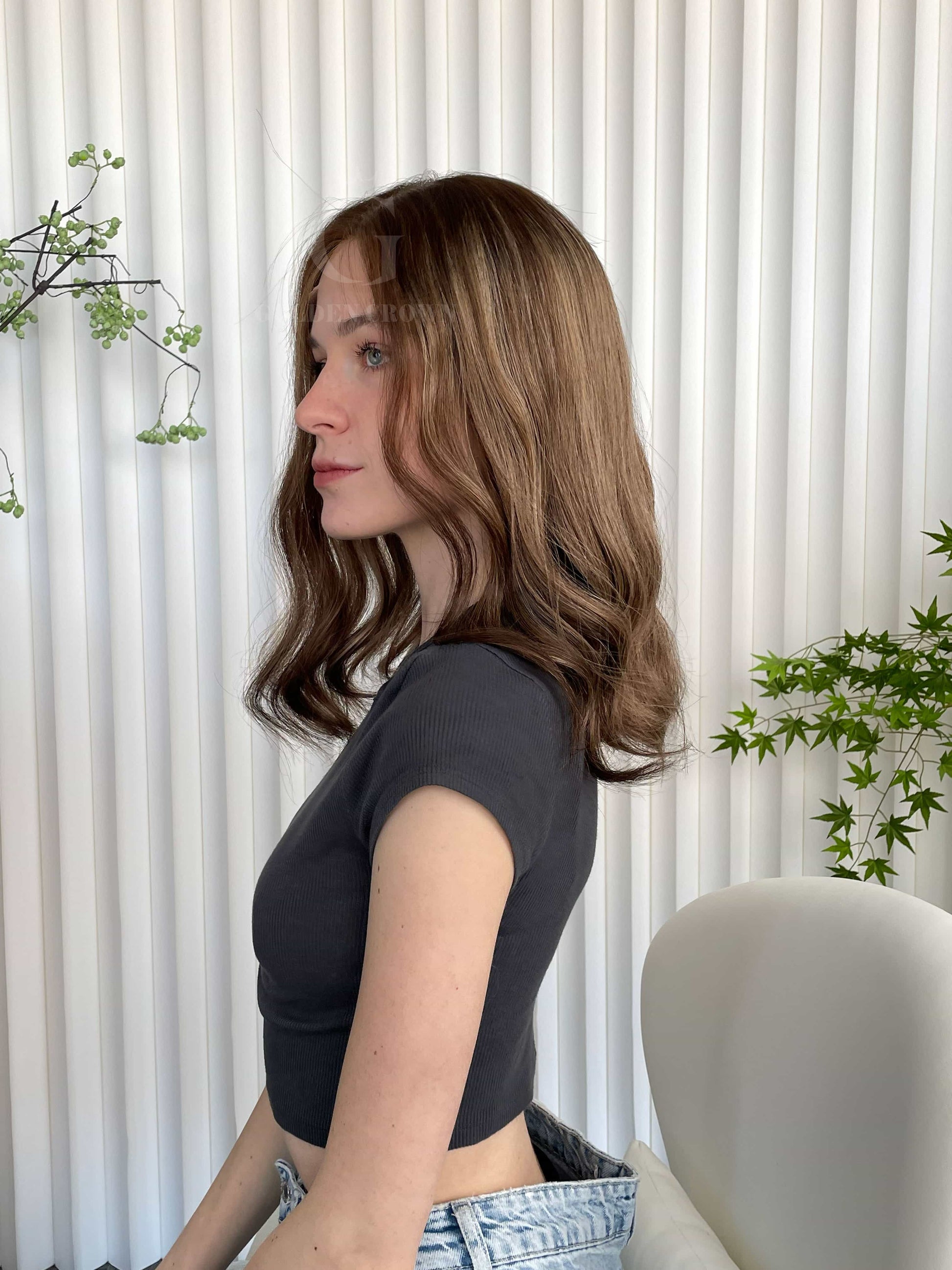 Leah Lace Top Base 100% Human Hair Wigs Model Right Side View GoldenCrownWigs.com