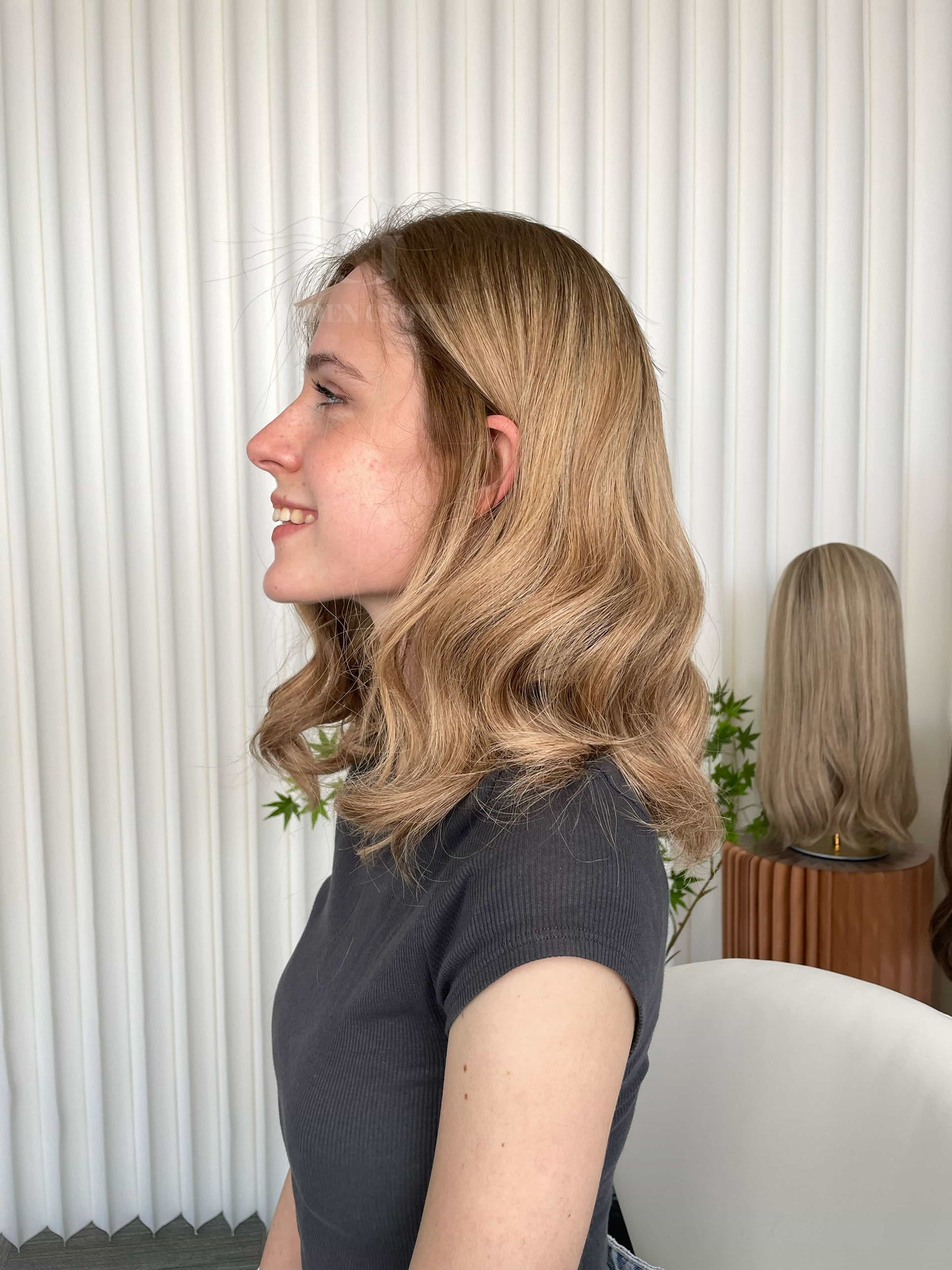 Maya Lace Top Base 100 Human Hair Wigs Model Right Side View GoldenCrownWigs.com