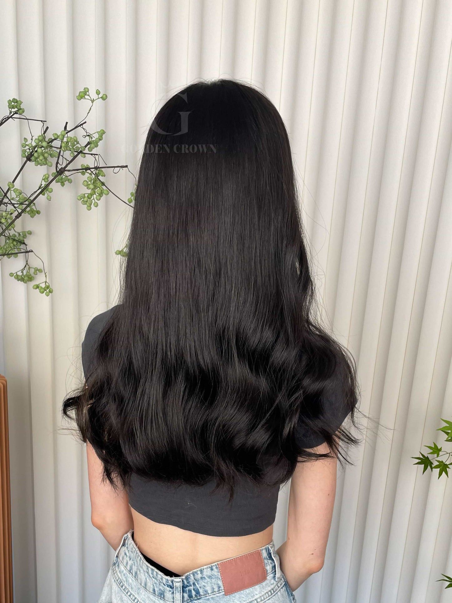 Seraphina Lace Top Base 100% Human Hair Wigs Model Back View GoldenCrownWigs.com