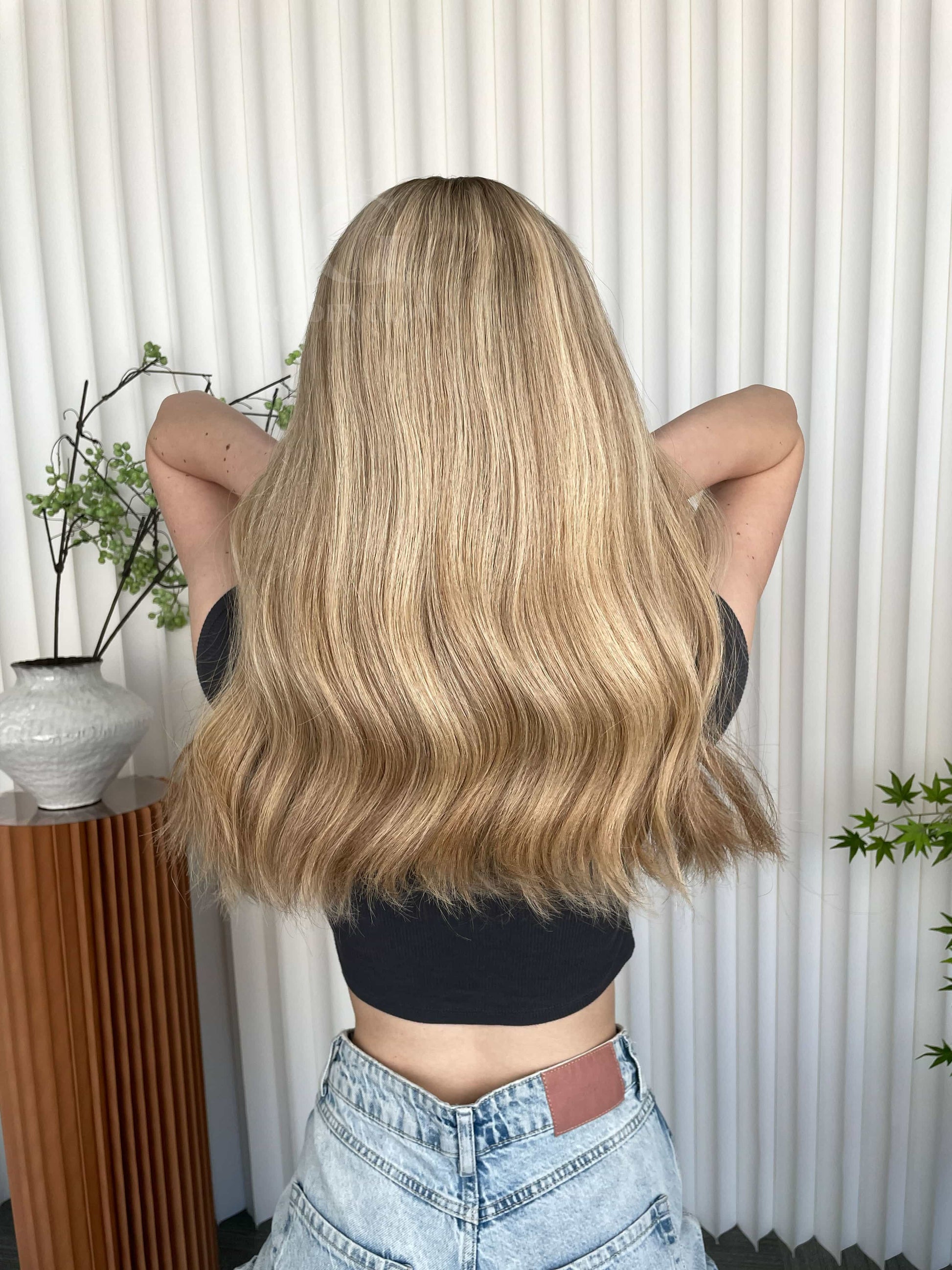 Zoe Lace Top Base 100 Human Hair Wigs Model Back View GoldenCrownWigs.com